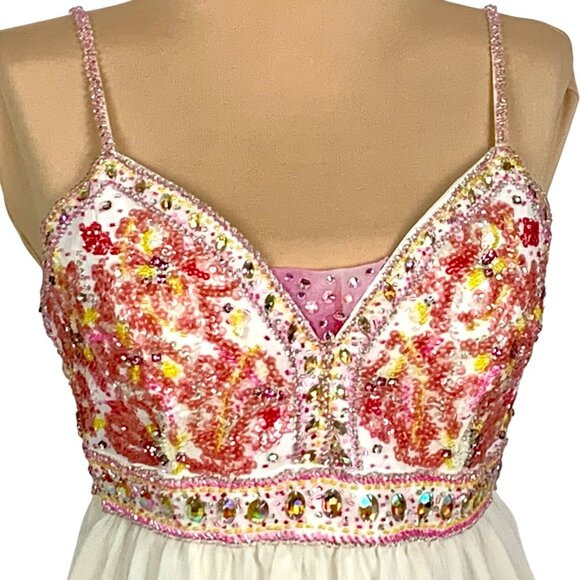 Beaded Custom Pageant Cocktail White Pink Chiffon Dress Beaded Bodice Size S - Picture 3 of 10